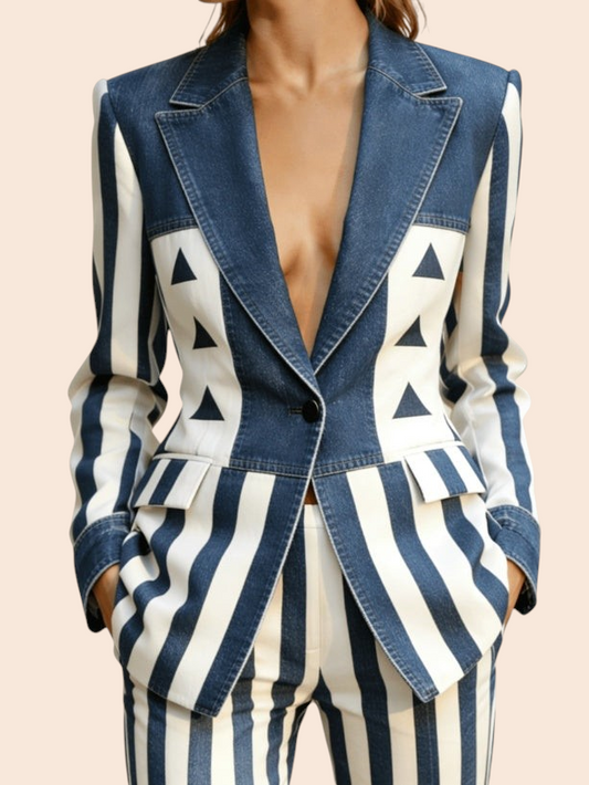 My Store tailored blazer featuring a blue and white striped denim pattern with geometric triangle accents.
