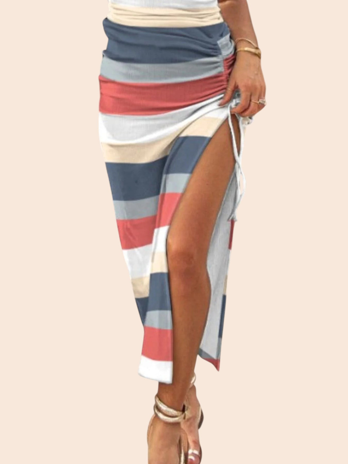 My Store printed midi dress featuring a multi-coloured stripe pattern, adjustable side ruching, and a drawstring slit.