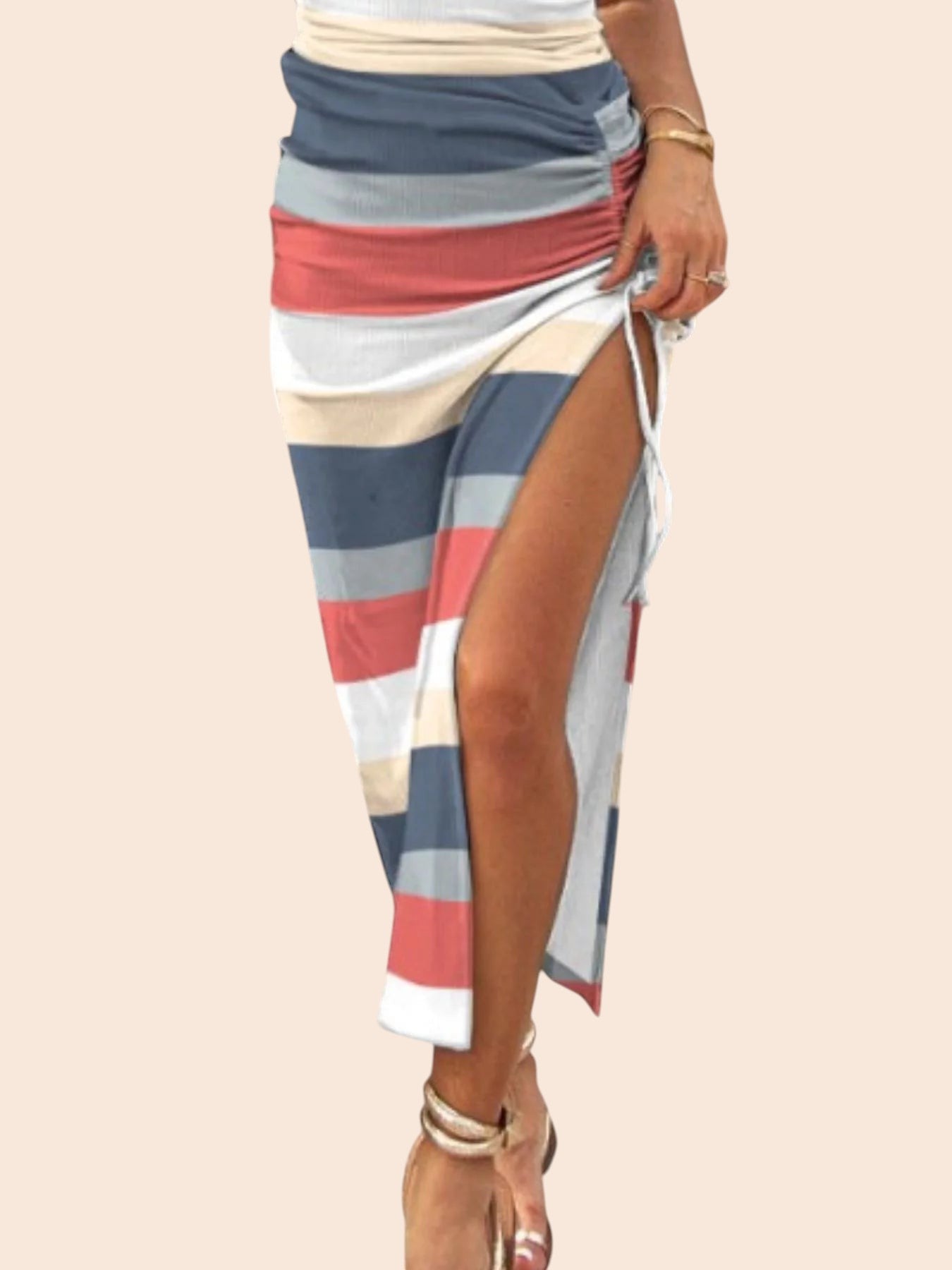 My Store printed midi dress featuring a multi-coloured stripe pattern, adjustable side ruching, and a drawstring slit.