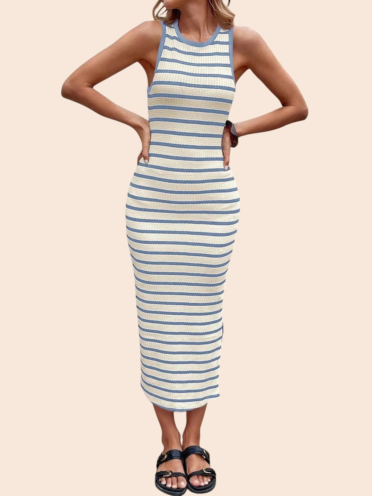 My Store sleeveless midi dress in cream and blue horizontal stripes with a round neckline and bodycon fit