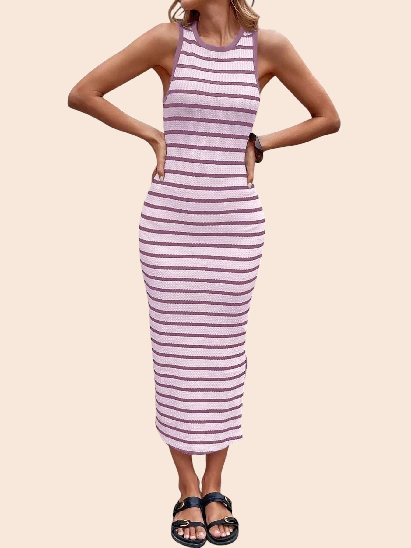 My Store striped sleeveless bodycon midi dress in light purple and dark purple with a round neckline on a model