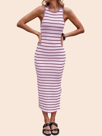 My Store striped sleeveless bodycon midi dress in light purple and dark purple with a round neckline on a model