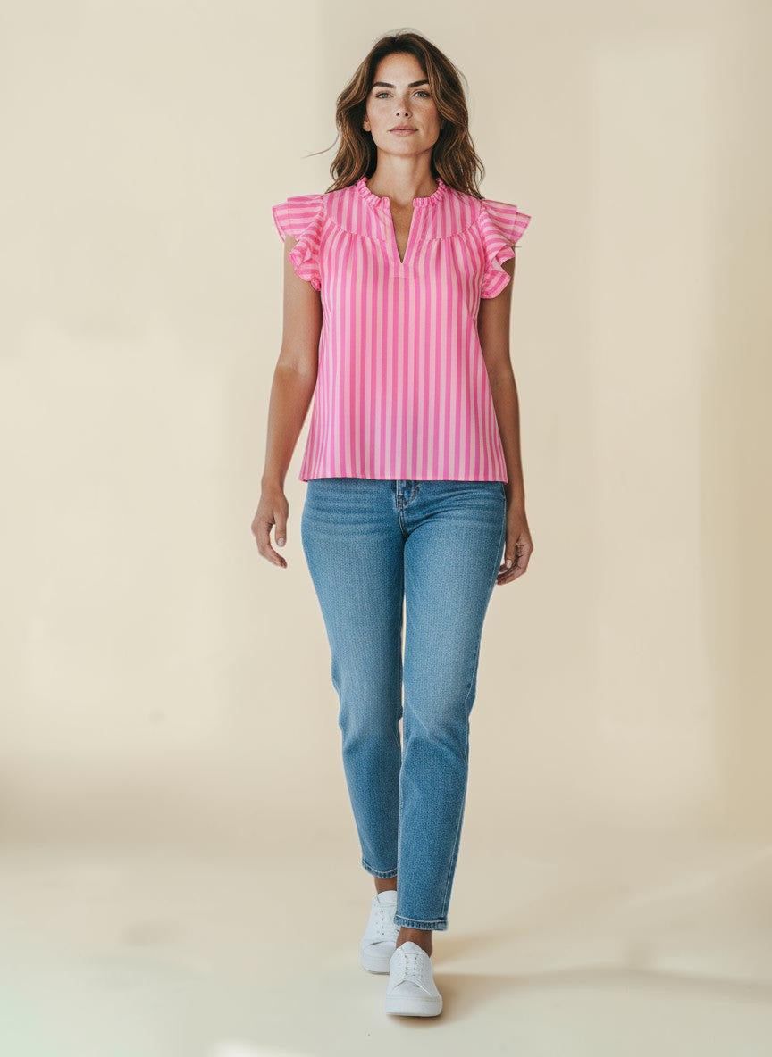 My Store pink and light pink striped polyester blouse with ruffled short sleeves and split neckline.
