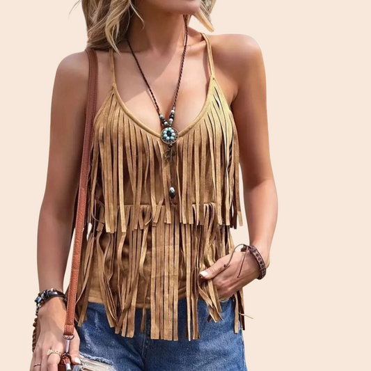 My Store tan boho fringe cami top with V-neckline and spaghetti straps worn with denim shorts and layered jewelry