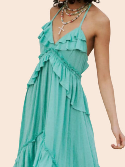 My Store teal ruffled tiered halter maxi dress with an open back and bohemian style