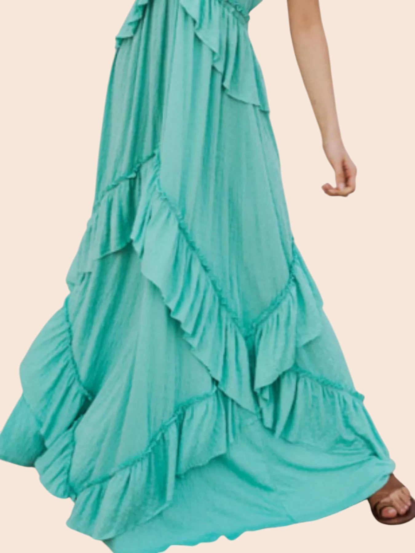 My Store ruffled tiered halter maxi dress in teal with cascading ruffles and a flowing bohemian silhouette