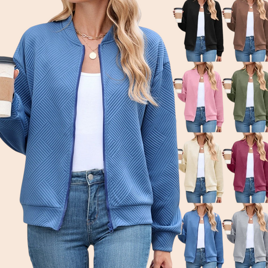 My Store textured zip-up bomber jacket in various colors featuring a relaxed fit, crew neckline, and ribbed trim.