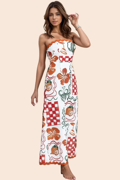Model wearing a My Store strapless maxi dress with a white base and colourful tile-inspired floral print