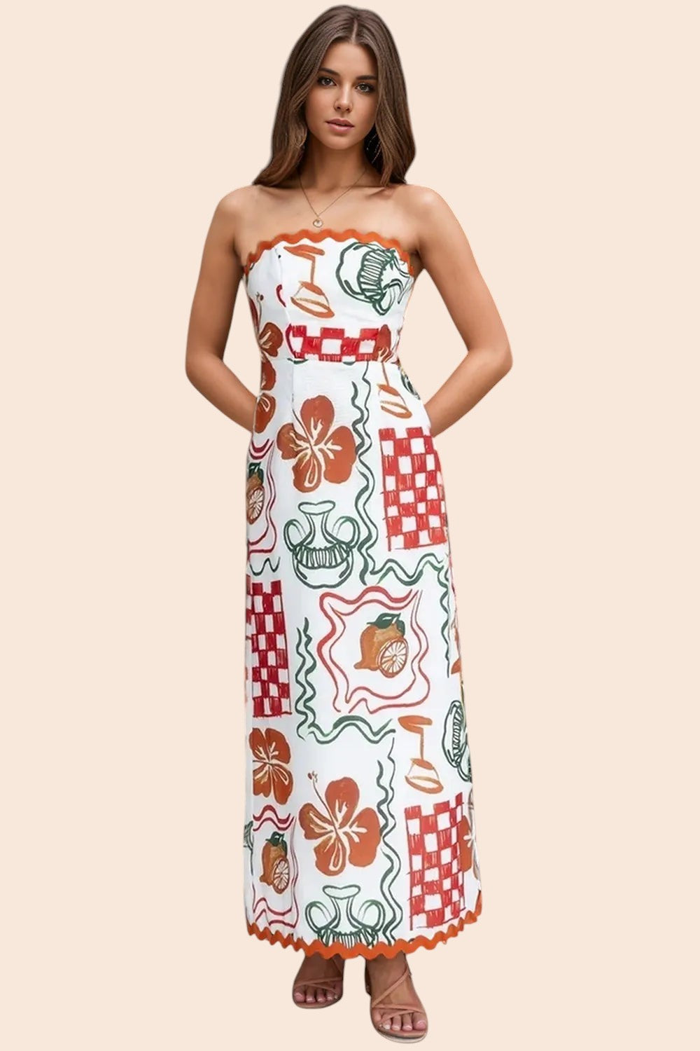 My Store strapless maxi dress featuring a white base with colourful tile-inspired floral and geometric prints