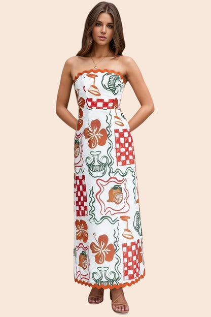 My Store strapless maxi dress featuring a white base with colourful tile-inspired floral and geometric prints