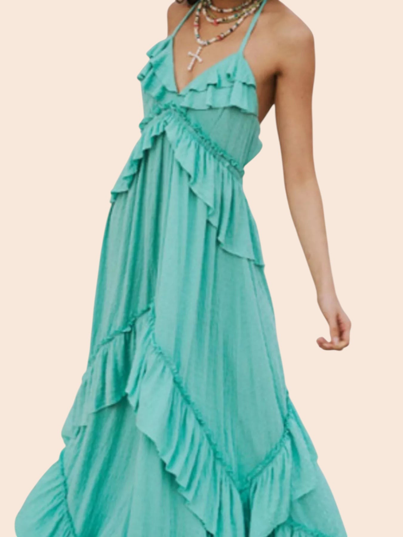 My Store turquoise ruffled tiered halter maxi dress with an open back and bohemian style