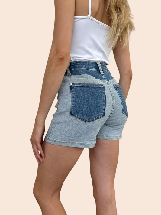 My Store high-waisted denim shorts featuring a light-wash body with contrasting dark-wash back pockets