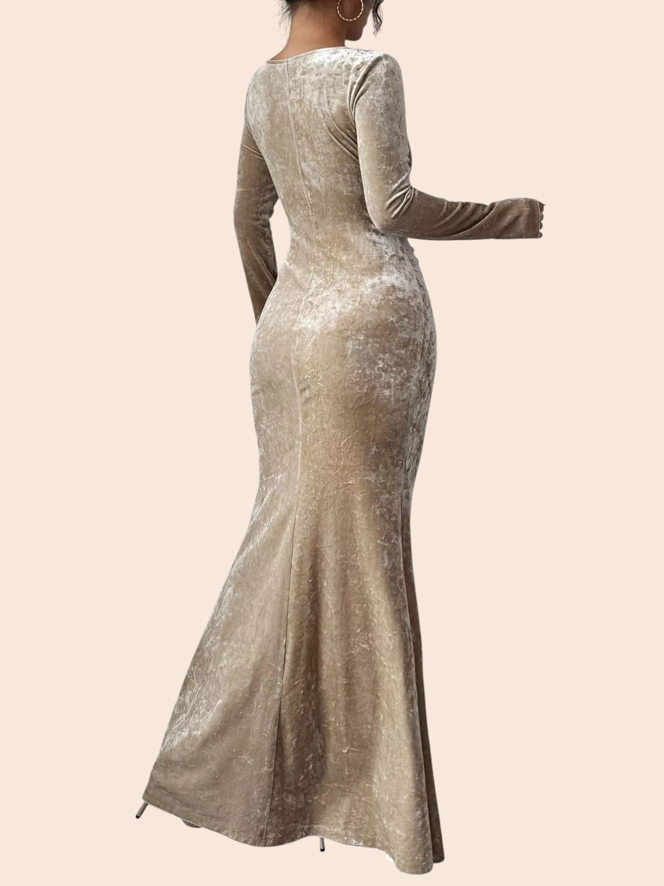 My Store velvet ruched mermaid maxi dress in champagne featuring long sleeves and a floor-length silhouette
