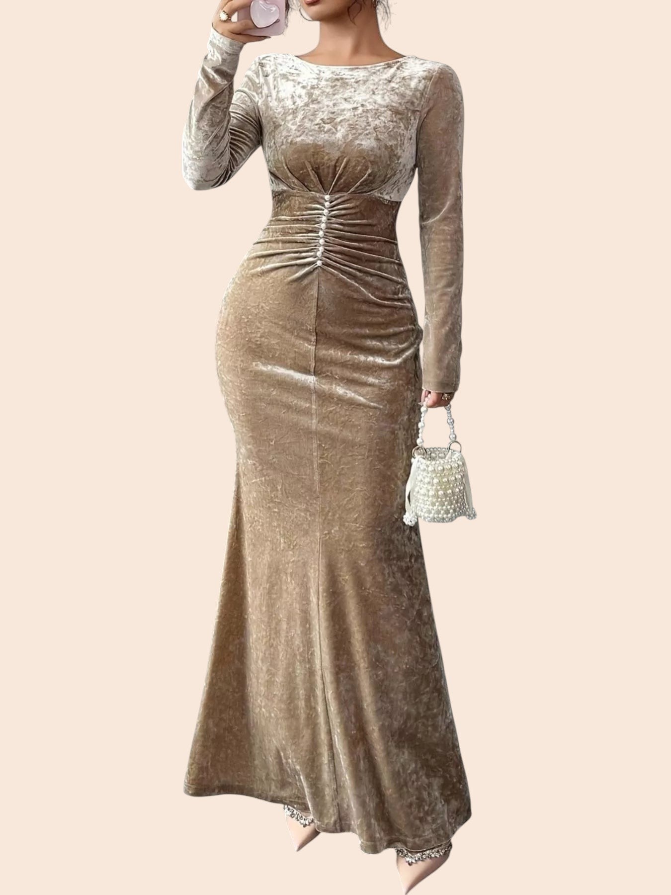 My Store velvet mermaid maxi dress in taupe with long sleeves, ruched waist detailing, and a floor-length silhouette.