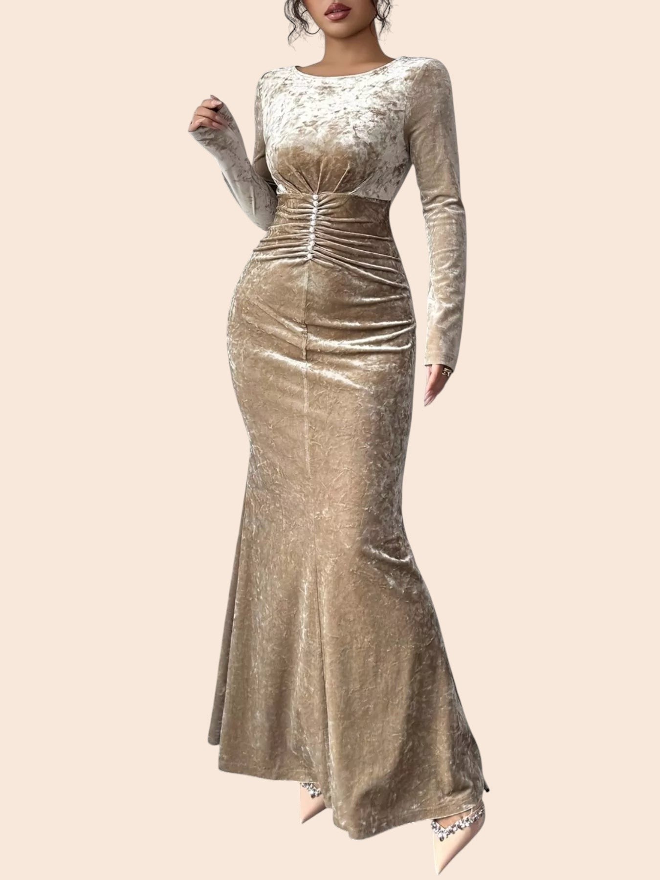 My Store velvet ruched mermaid maxi dress in champagne with long sleeves and a floor-length silhouette.