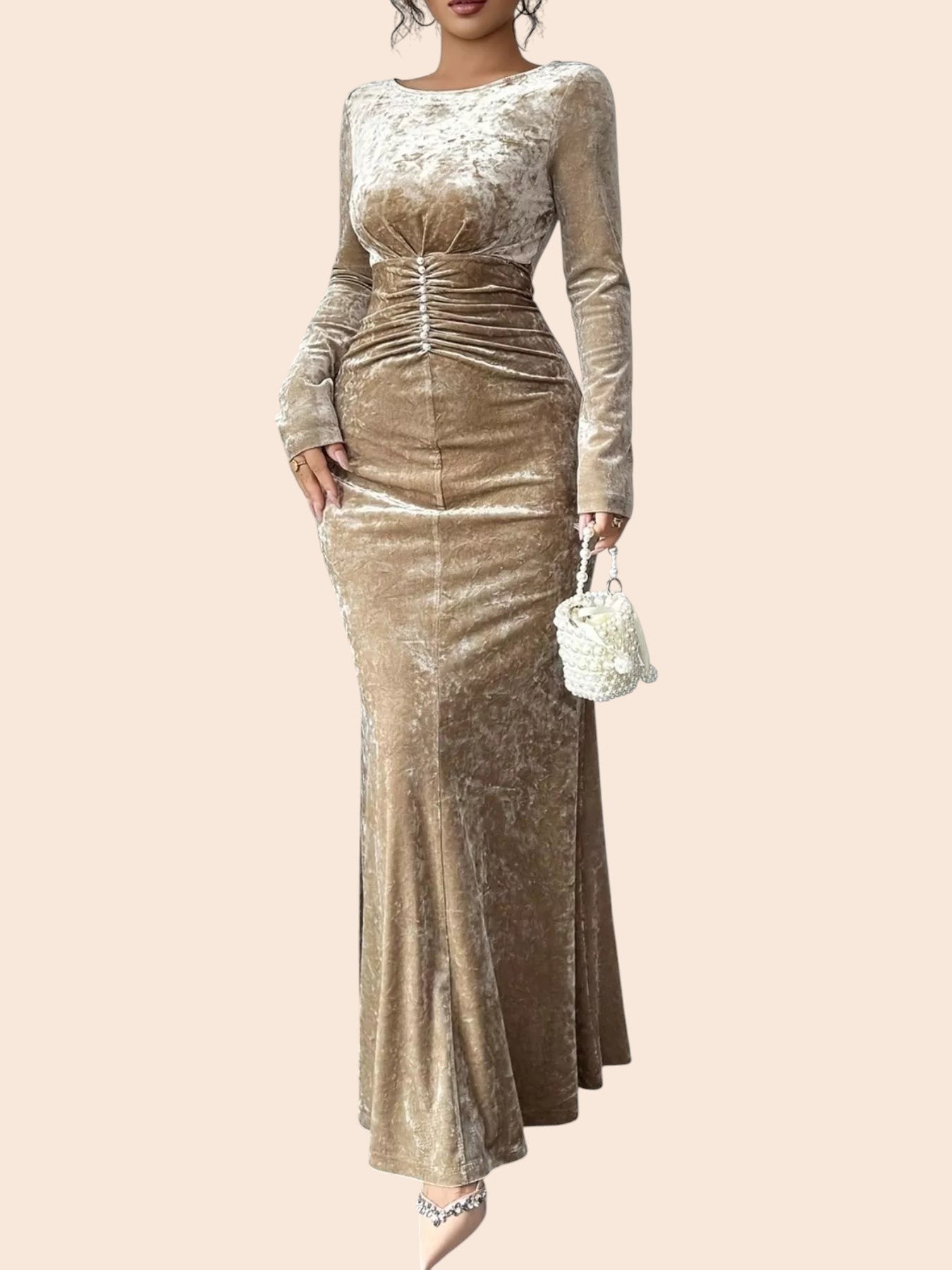 My Store velvet ruched mermaid maxi dress in champagne with long sleeves and a floor-length silhouette