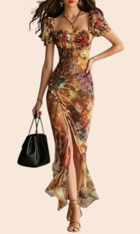 My Store vintage floral maxi dress with square neckline, puff sleeves, side slit, and ruched detailing.