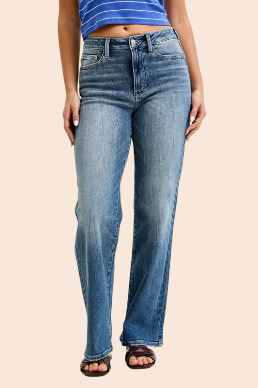 My Store vintage wash straight leg jeans with a mid-rise waist and classic five-pocket design on a model.