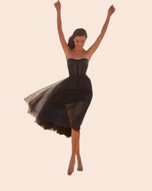 My Store Vivienne black strapless corset midi dress with a voluminous tulle skirt worn by a model in a joyful pose