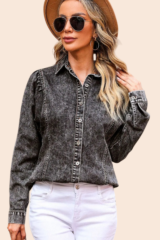 My Store washed black denim button-up shirt with long sleeves and a collared neckline worn by a woman in a hat