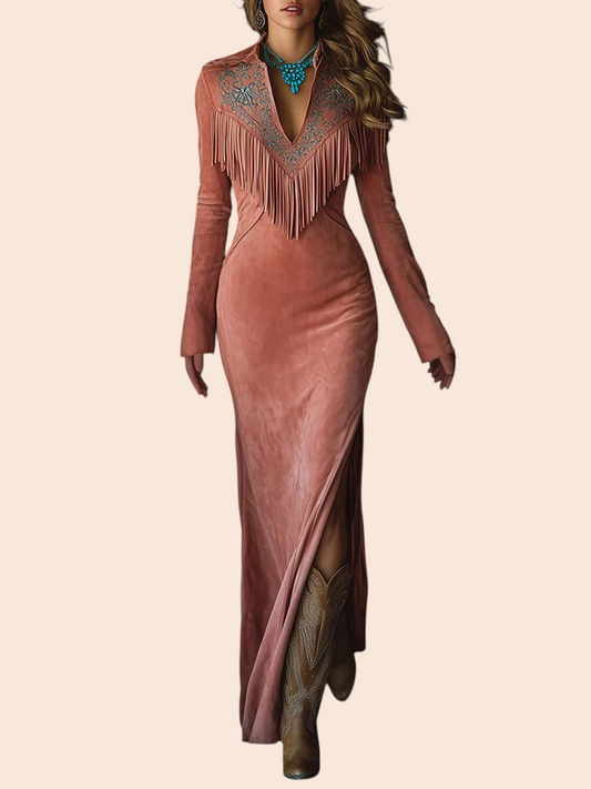 My Store western maxi dress in dusty rose suede with fringe trim, intricate embroidery, and a front slit.