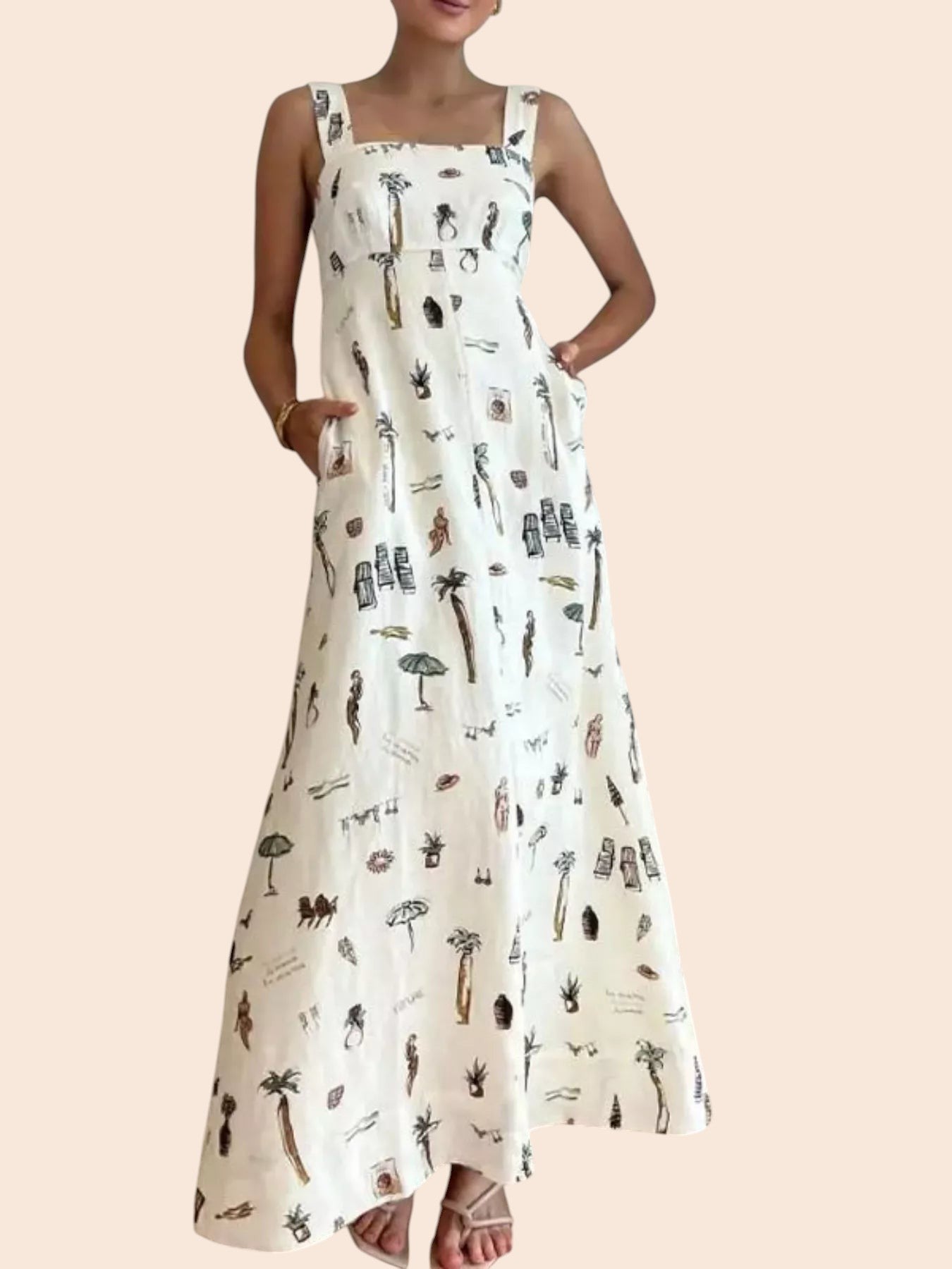 My Store sleeveless white maxi dress featuring a whimsical vacation-themed print, side pockets, and a relaxed fit.