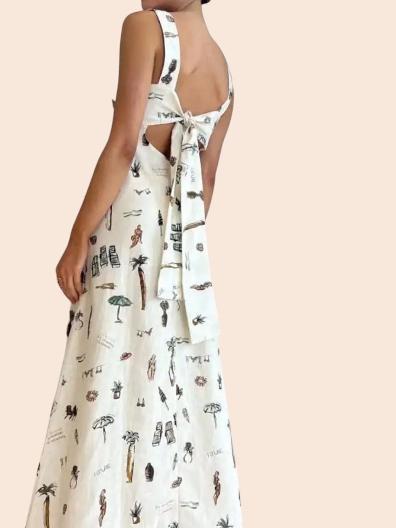 My Store white maxi dress with whimsical vacation print, sleeveless design, and an open back with an adjustable tie.