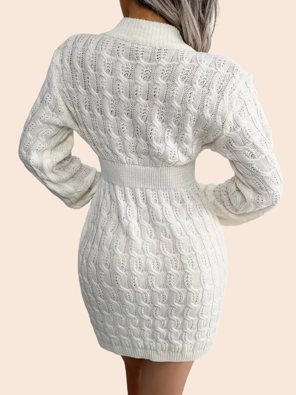 Back view of a My Store white cable-knit sweater dress featuring a cinched ribbed waist and voluminous sleeves.