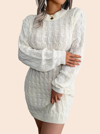 My Store white cable-knit sweater dress with a cinched ribbed waist and voluminous sleeves on a model