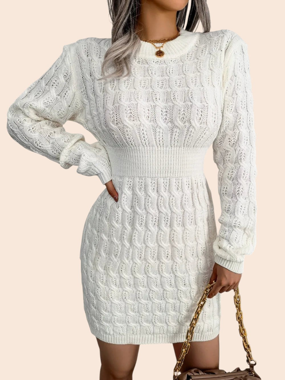 My Store white cable-knit sweater dress featuring a cinched ribbed waist, long voluminous sleeves, and round neckline.