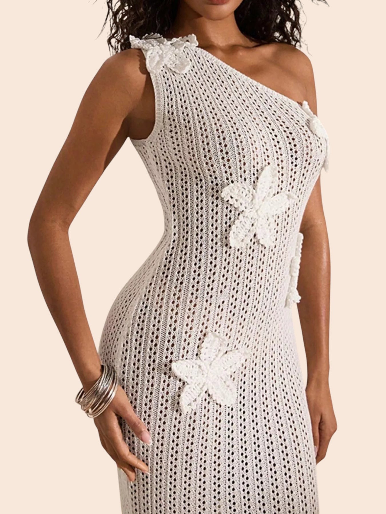 My Store white one-shoulder crochet maxi dress featuring dimensional floral appliqués and an intricate openwork design.