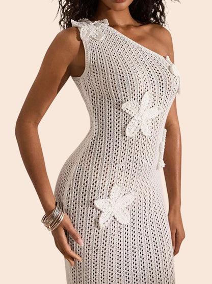 My Store white one-shoulder crochet maxi dress featuring dimensional floral appliqués and an intricate openwork design.