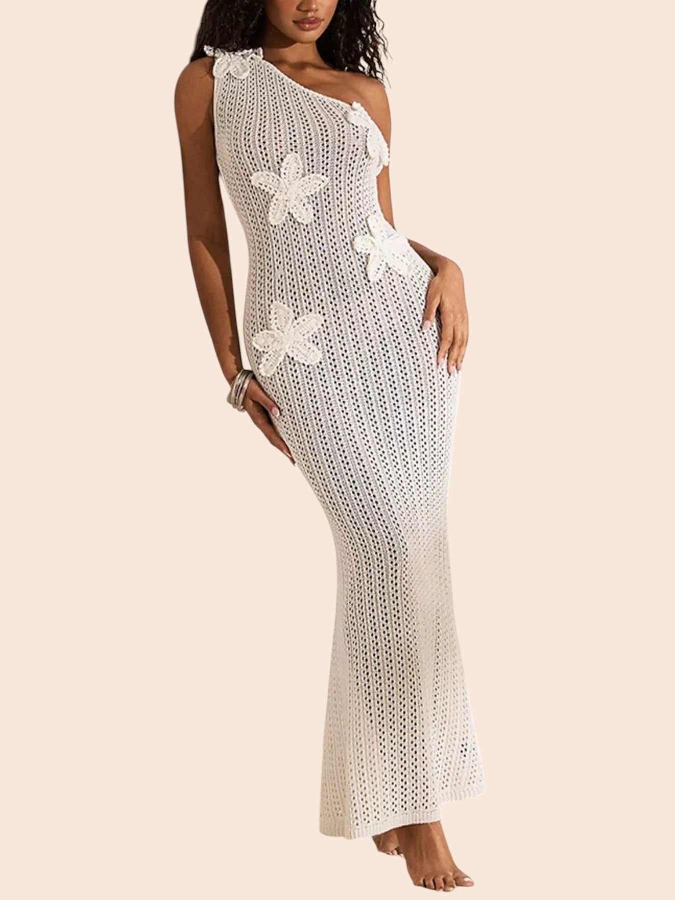 My Store white one-shoulder crochet maxi dress featuring dimensional floral appliqués and a curve-skimming silhouette.