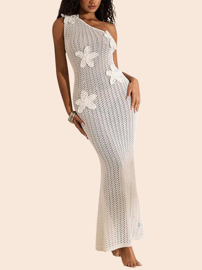 My Store white one-shoulder crochet maxi dress featuring dimensional floral appliqués and a curve-skimming silhouette.