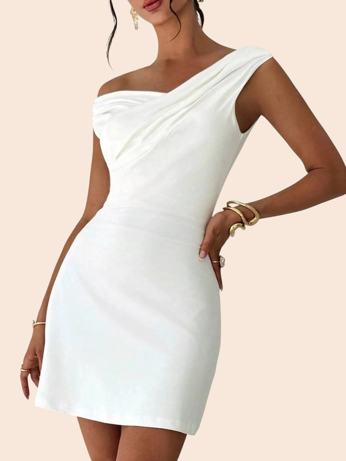 My Store white sleeveless mini dress with a draped off-shoulder neckline and flattering A-line silhouette