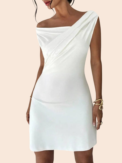My Store white mini dress with a draped off-shoulder neckline and flattering A-line silhouette on a model