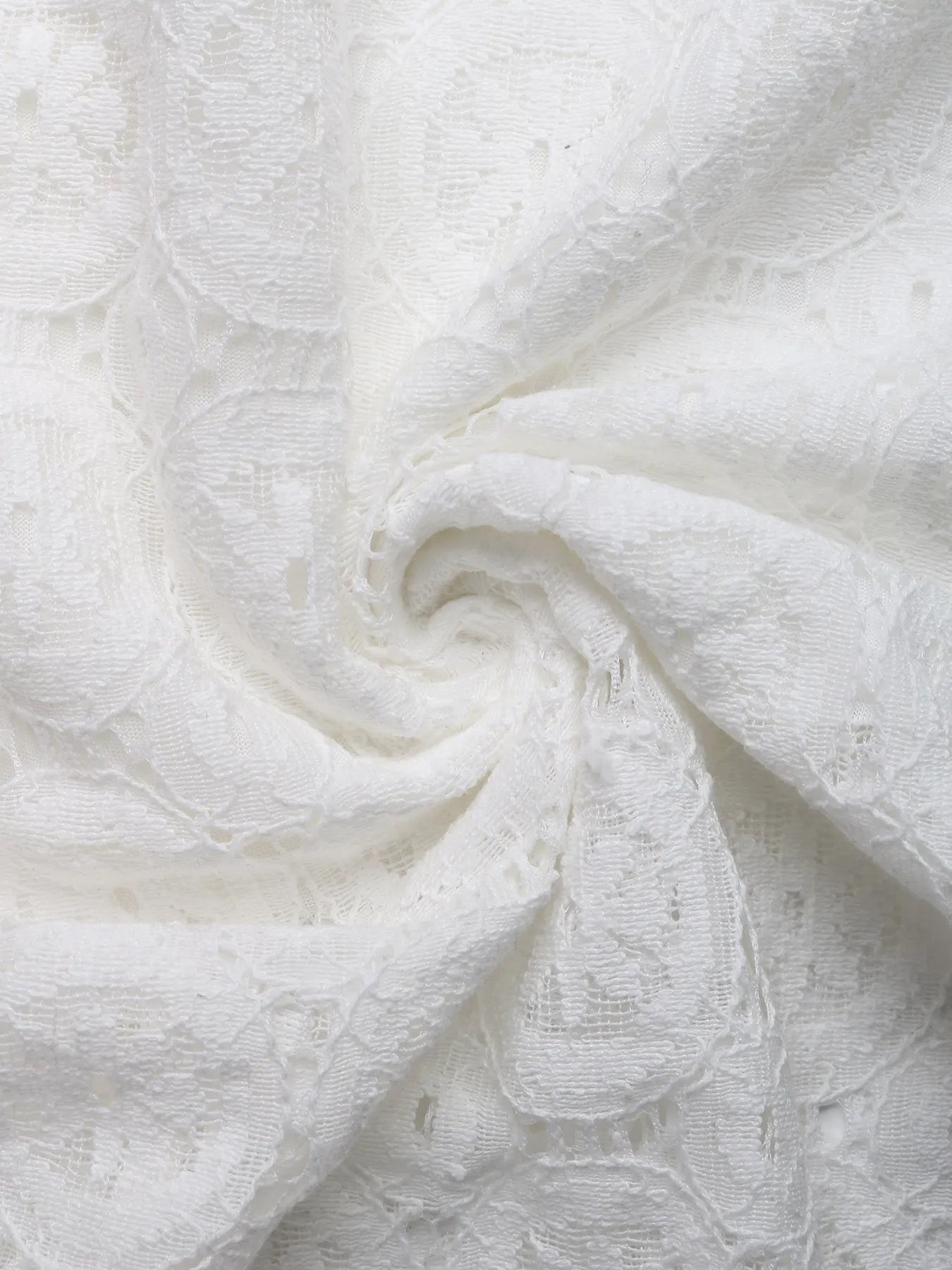 My Store white floral lace fabric with intricate patterns and a soft, textured finish in a spiral swirl design