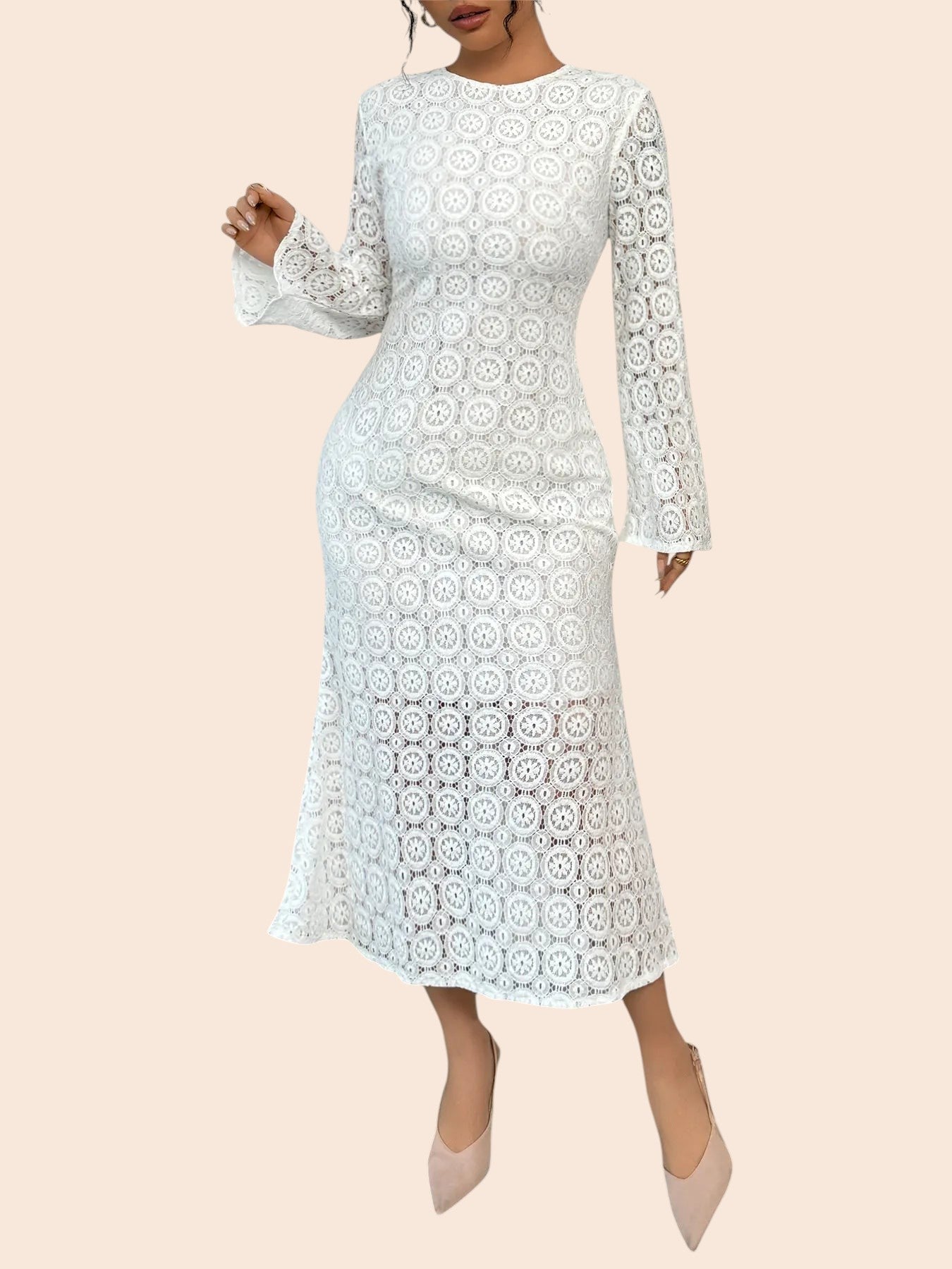 My Store white floral lace midi dress with long sleeves and a flared hem worn by a model in a bright room