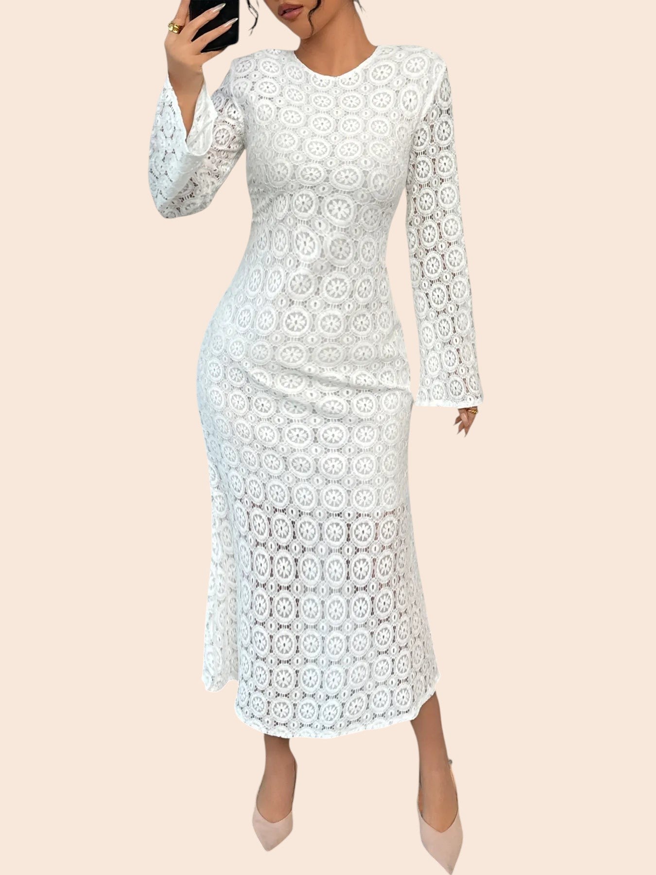 My Store white floral lace midi dress with long sleeves and a curve-skimming silhouette for formal events.