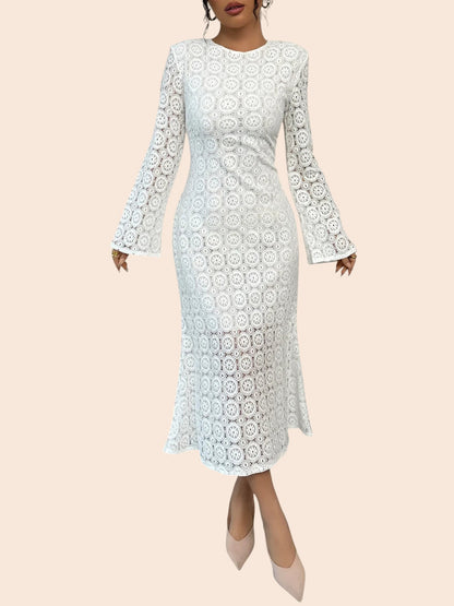 My Store white floral lace midi dress with long sleeves and a flared hem worn by a model in a bright room.