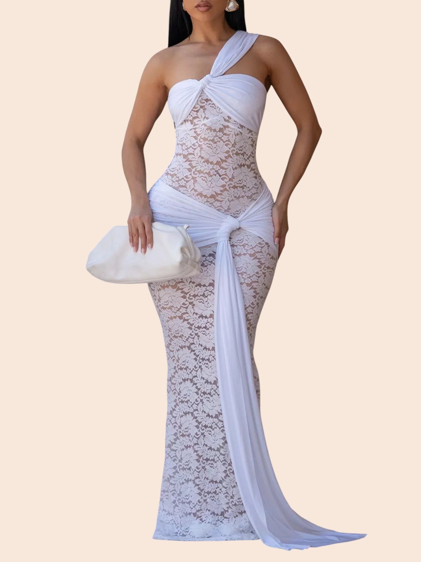 My Store white one-shoulder lace maxi dress with a waist cutout and draped side detail worn by a model