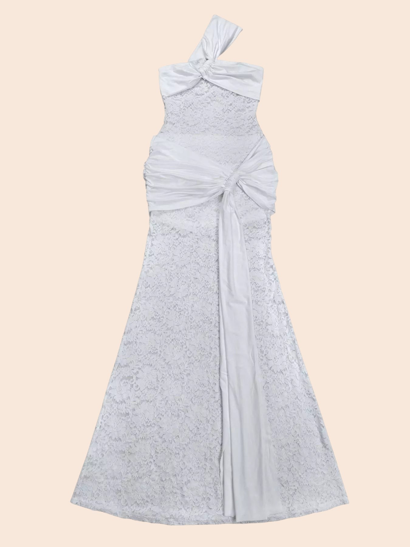 My Store white lace maxi dress featuring an elegant one-shoulder neckline, waist cutout, and draped side detail.