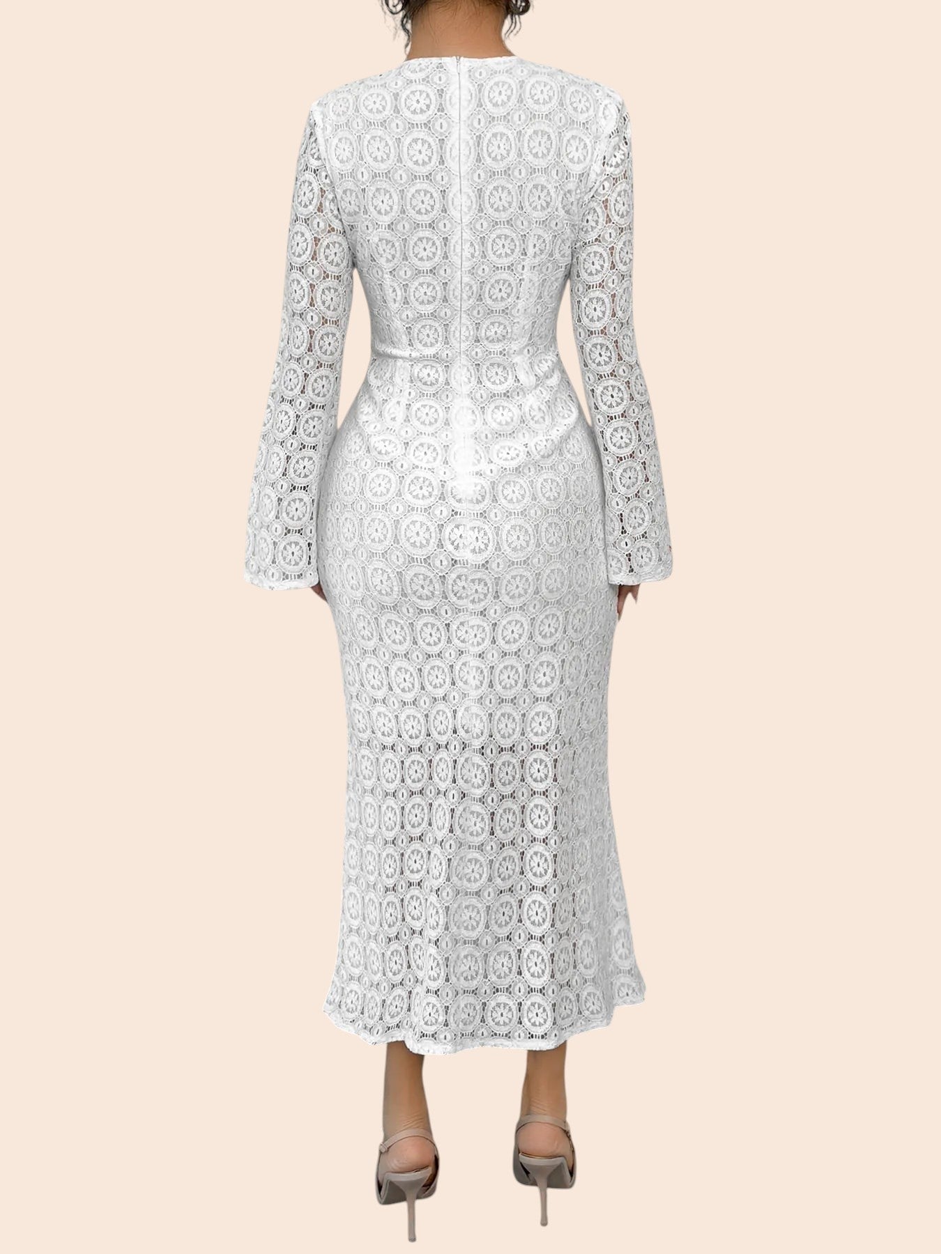Back view of a My Store white floral lace long sleeve midi dress with a curve-skimming fit and back zipper closure.