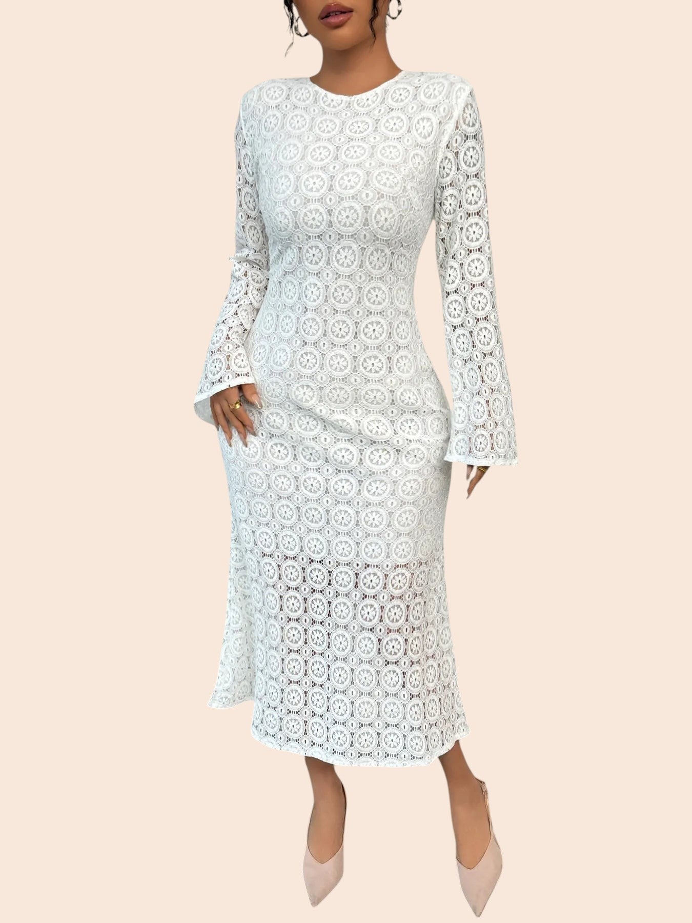 My Store white floral lace midi dress with long sleeves and a round neckline worn by a model with pointed-toe heels.