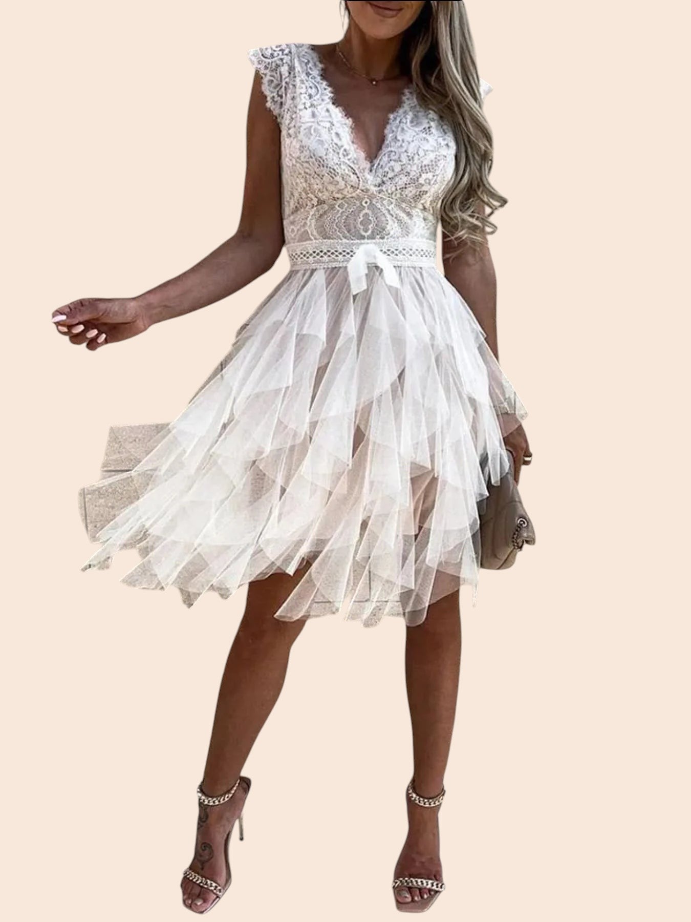 My Store white mini dress with lace bodice, V-neckline, cap sleeves, and a voluminous layered tulle skirt.