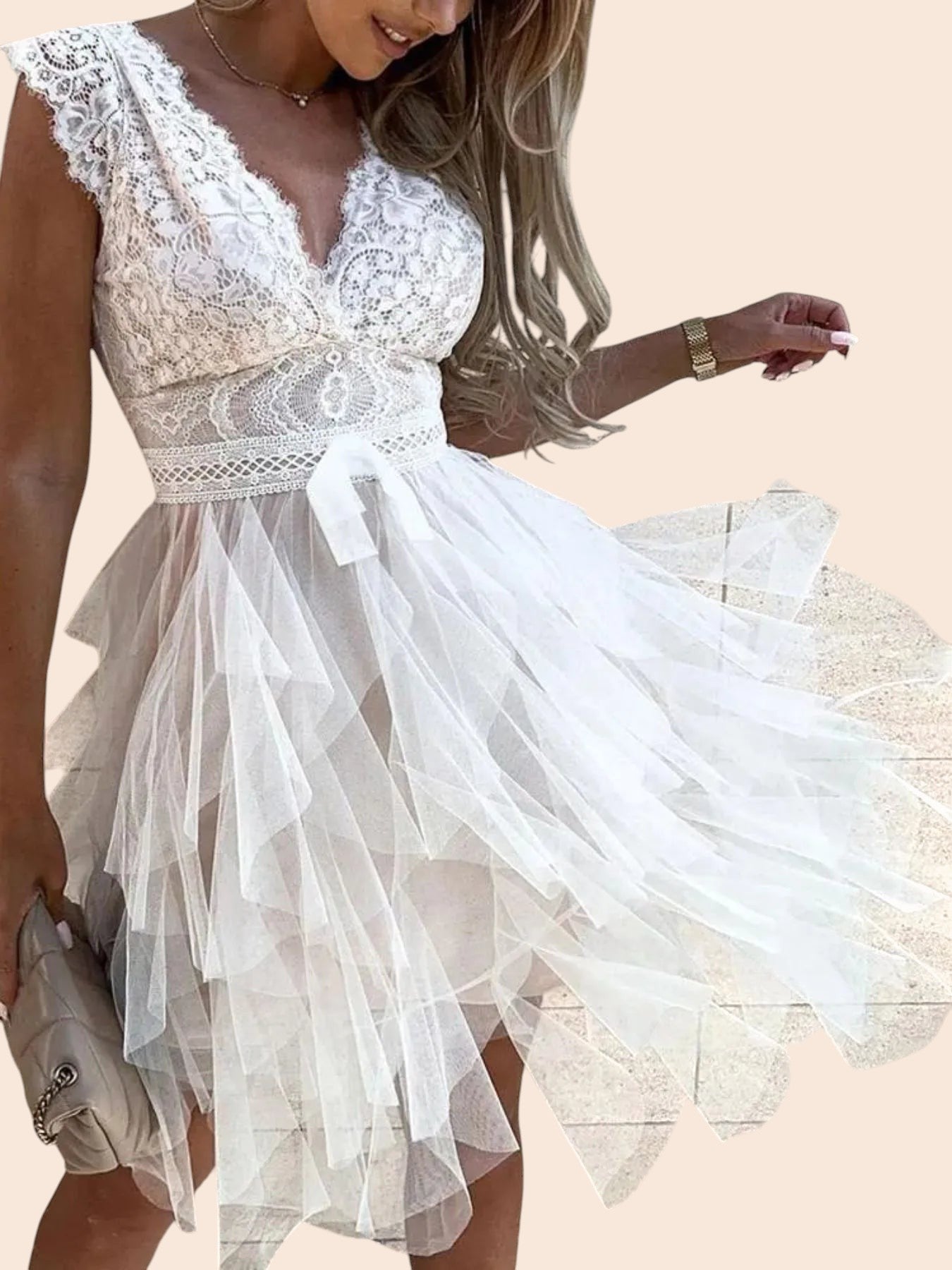 My Store white mini dress featuring an intricate lace bodice, V-neckline, and a voluminous layered tulle skirt.