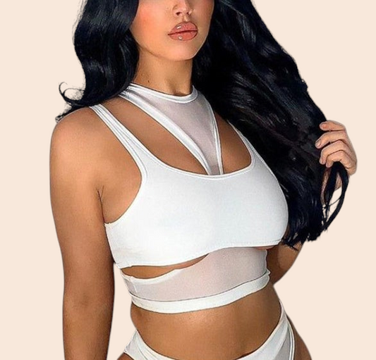 My Store white layered crop top with mesh cutout detailing and a slim fitted silhouette worn by a woman