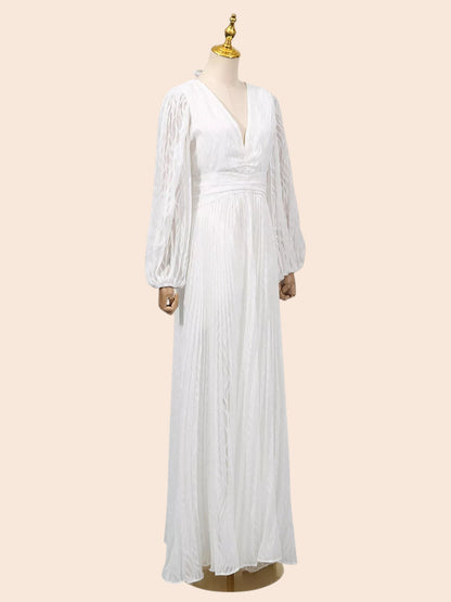 My Store white maxi dress with leaf-textured fabric, V-neckline, and voluminous balloon sleeves on a mannequin