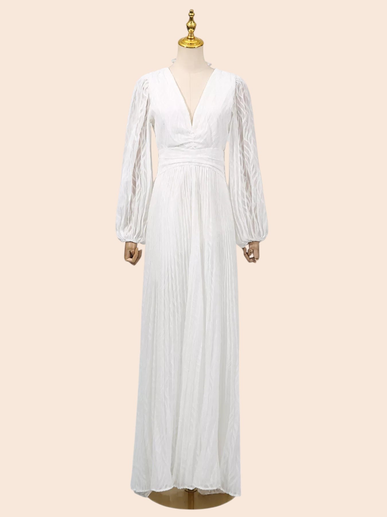My Store white maxi dress with leaf texture, V-neckline, and voluminous balloon sleeves on a mannequin