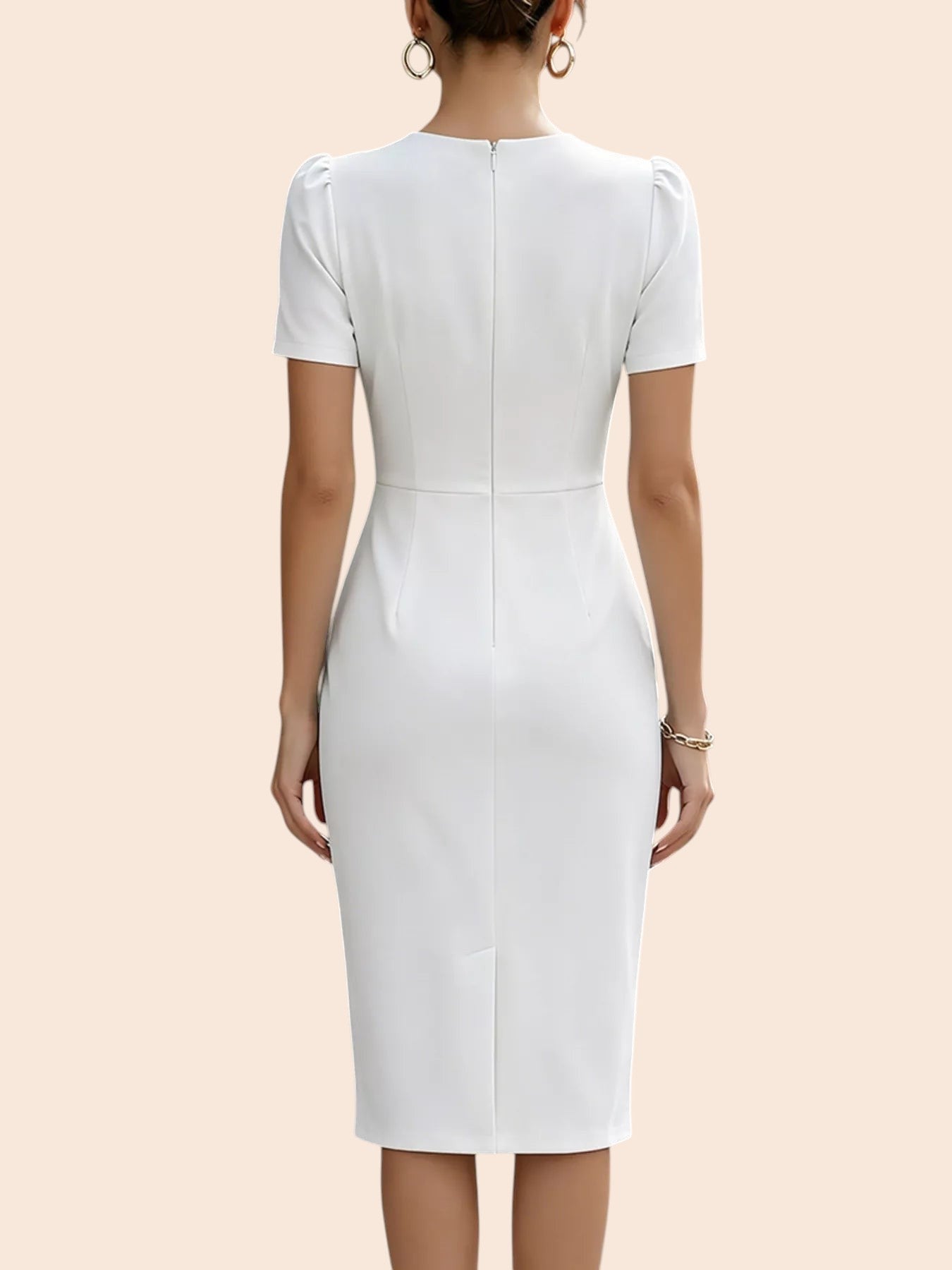 Back view of a My Store white midi pencil dress with short sleeves and a back zipper closure on a model.
